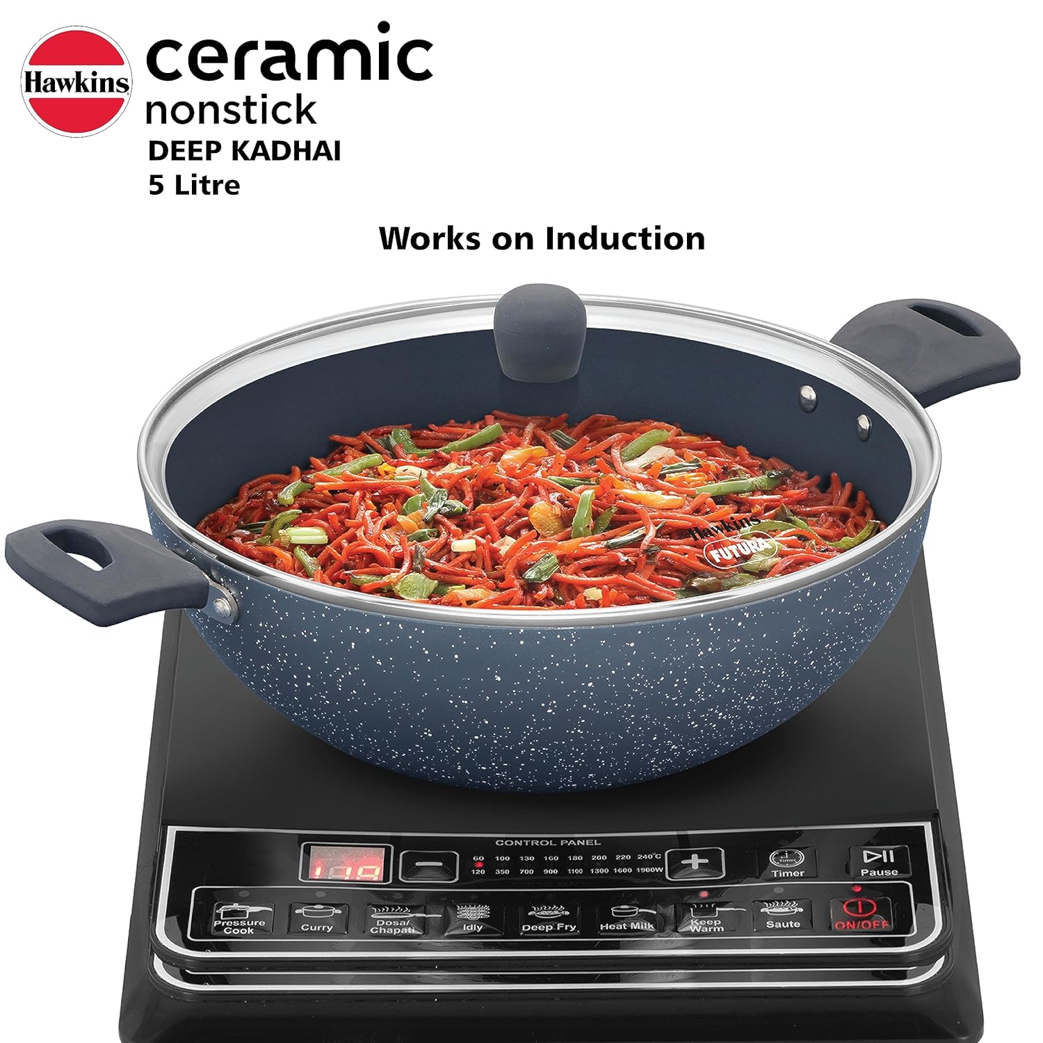 Hawkins Ceramic Nonstick 5 Litre Deep Kadhai, Induction Deep Fry Pan with Glass Lid, Granite Kadai (ICK50G)
