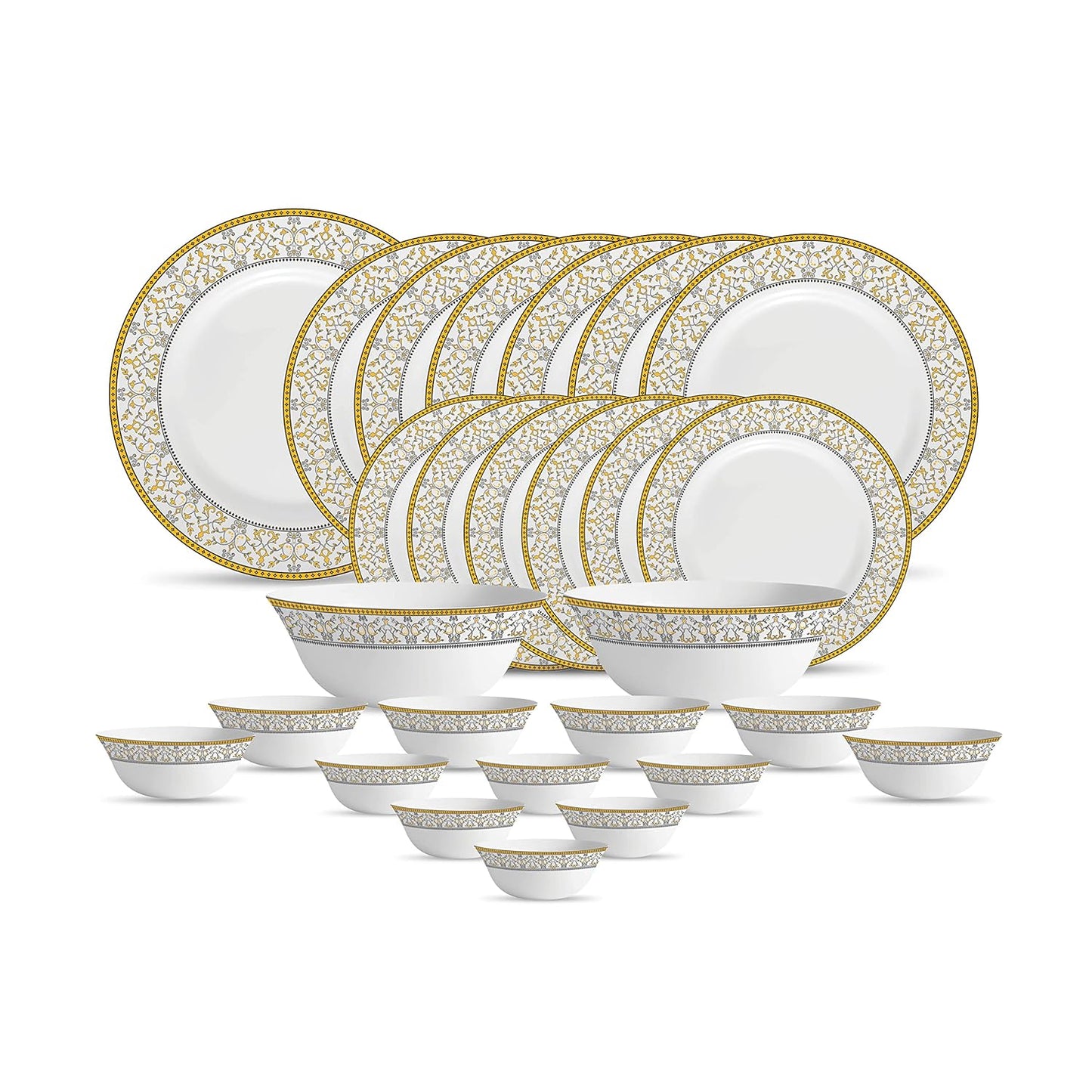 La Opala Diva, Sovrana Collection, Opal Glass Dinner Set 27 pcs, Moroccan Gold, White