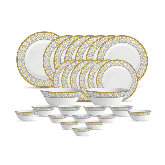 La Opala Diva, Sovrana Collection, Opal Glass Dinner Set 27 pcs, Moroccan Gold, White