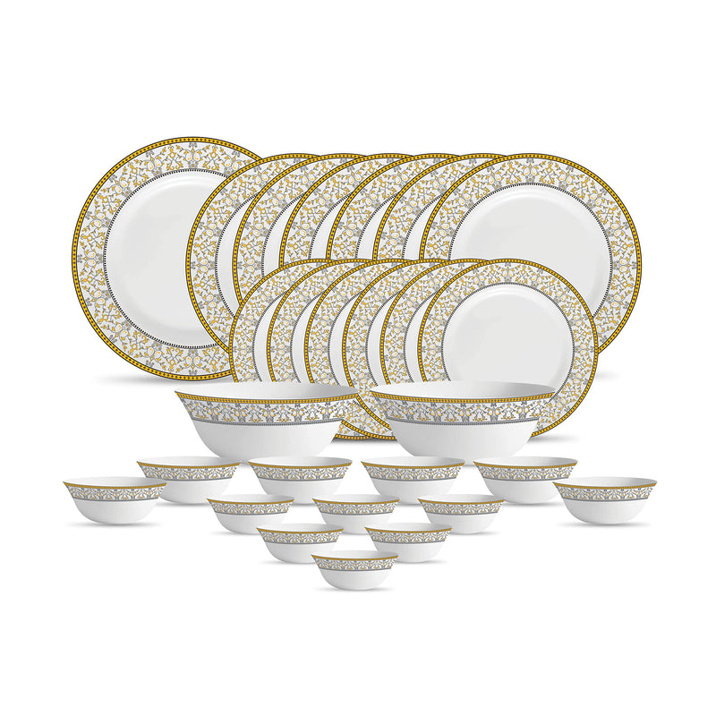 La Opala Diva Sovrana Collection Opal Glass Crockery | for Family of 6 | Dinner Set 27 pcs Regent Blue | Plates & Bowls for Dining | Microwave Safe | 100% Vegetarian | Extra Strong | Light & White