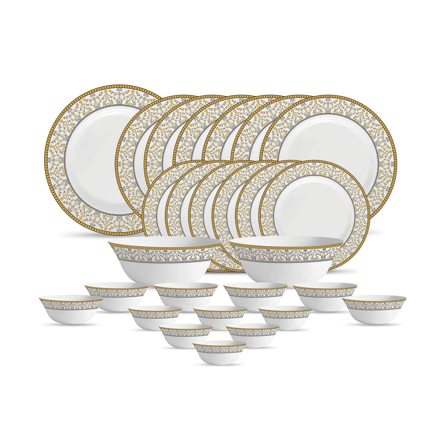 La Opala Diva, Sovrana Collection, Opal Glass Dinner Set 27 pcs, Moroccan Gold, White