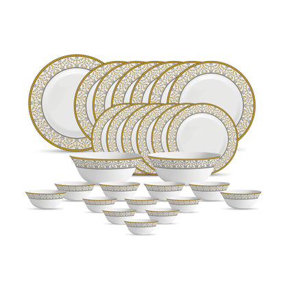 La Opala Diva, Sovrana Collection, Opal Glass Dinner Set 27 pcs, Moroccan Gold, White
