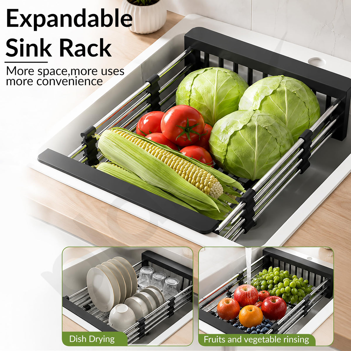 Plantex Stainless Steel Kitchen Sink Strainer/Drain Basket With Adjustable Armrest Kitchen Rack/Vegetable Washing Basket for Sink/Expandable Drain Dish Rack (Pack of 1, Black)-6
