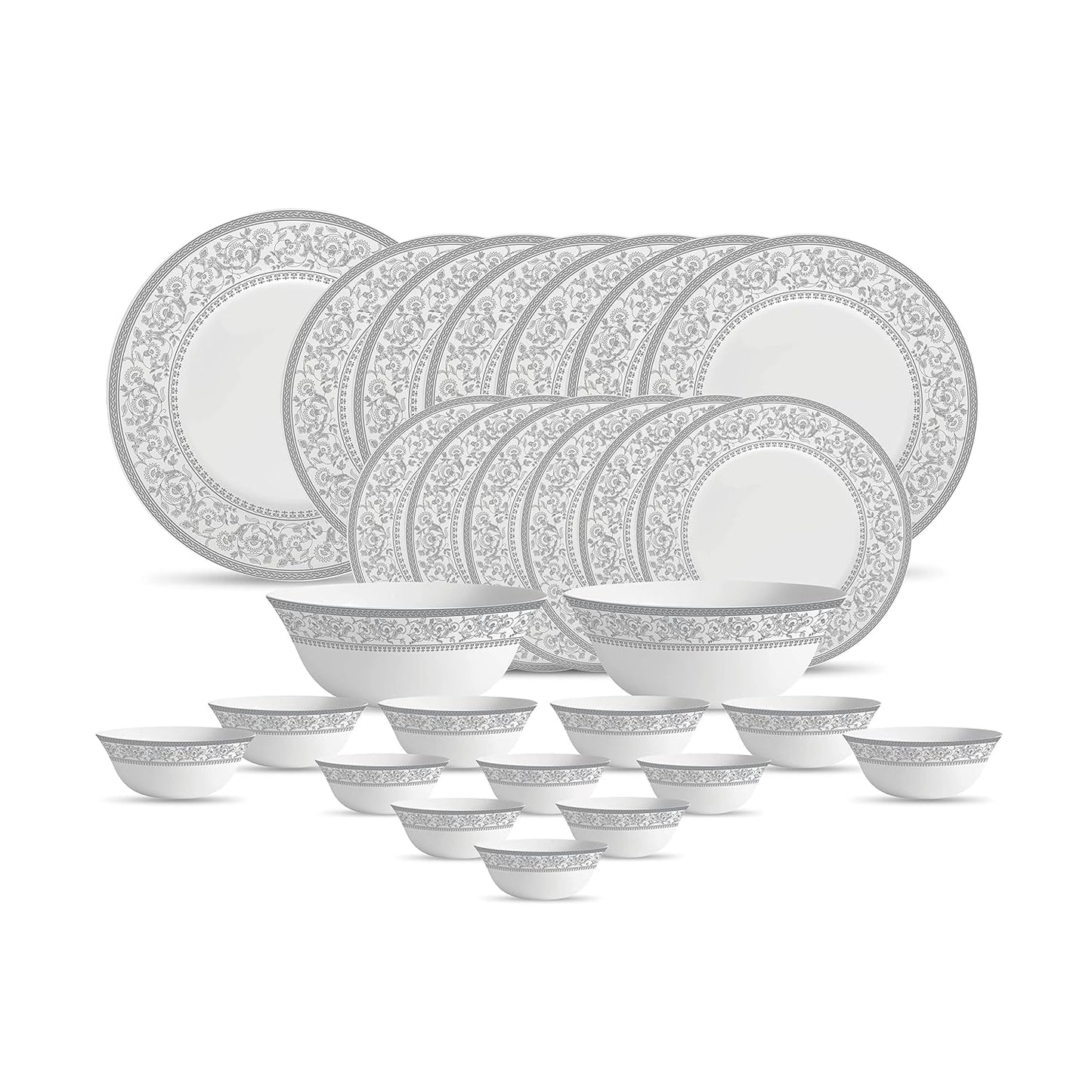 La Opala Diva Sovrana Collection Opal Glass Crockery | for Family of 6 | Dinner Set 27 pcs Persian Silver | Plates & Bowls for Dining | Microwave Safe | 100% Vegetarian | Extra Strong | Light & White