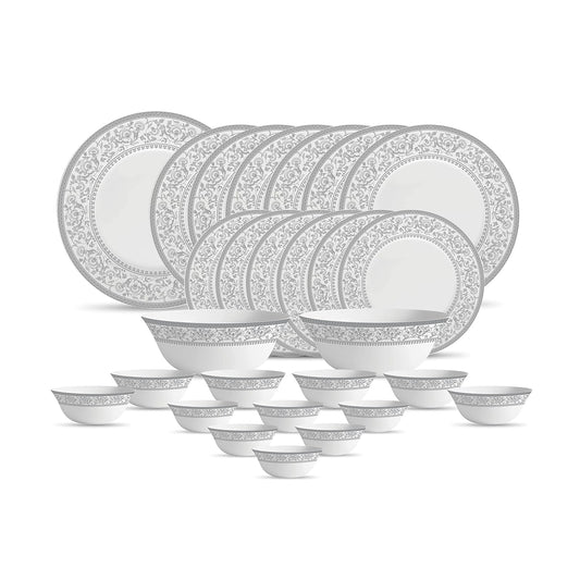 La Opala Diva Sovrana Collection Opal Glass Crockery | for Family of 6 | Dinner Set 27 pcs Persian Silver | Plates & Bowls for Dining | Microwave Safe | 100% Vegetarian | Extra Strong | Light & White