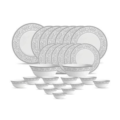 La Opala Diva Sovrana Collection Opal Glass Crockery | for Family of 6 | Dinner Set 27 pcs Persian Silver | Plates & Bowls for Dining | Microwave Safe | 100% Vegetarian | Extra Strong | Light & White
