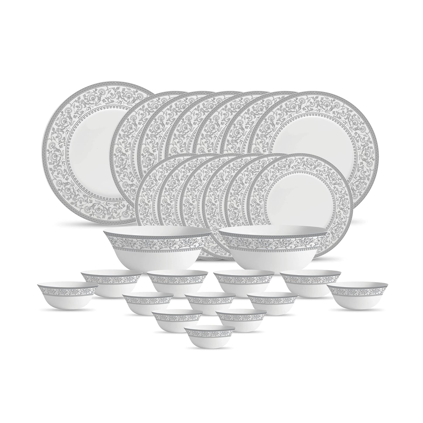 La Opala Diva Sovrana Collection Opal Glass Crockery | for Family of 6 | Dinner Set 27 pcs Persian Silver | Plates & Bowls for Dining | Microwave Safe | 100% Vegetarian | Extra Strong | Light & White