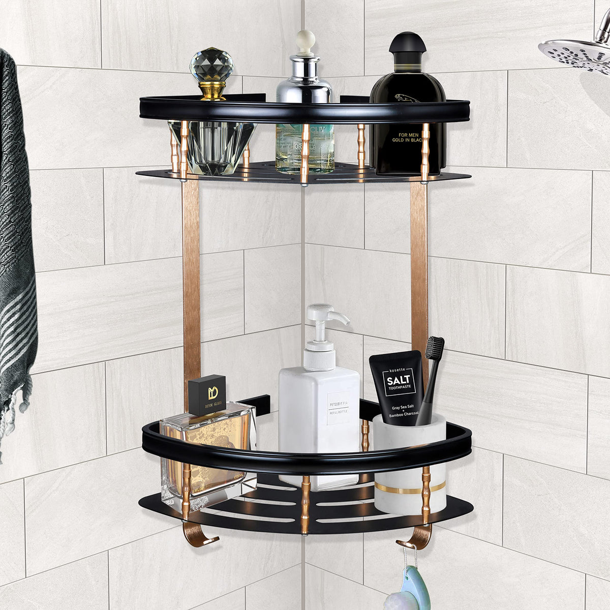 Plantex Space Aluminium Double Tier Corner Storage Shelf for Bathroom/Kitchen - Wall Mount (Stainless Steel Finish,Gold & Black)-1
