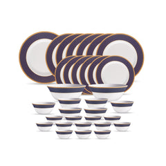 La Opala Diva Sovrana Collection Opal Glass Crockery | for Family of 6 | Dinner Set 33 pcs Regent Blue | Plates & Bowls for Dining | Microwave Safe | 100% Vegetarian | Extra Strong | Light & White