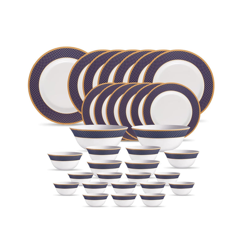 La Opala Diva Sovrana Collection Opal Glass Crockery | for Family of 6 | Dinner Set 33 pcs Regent Blue | Plates & Bowls for Dining | Microwave Safe | 100% Vegetarian | Extra Strong | Light & White