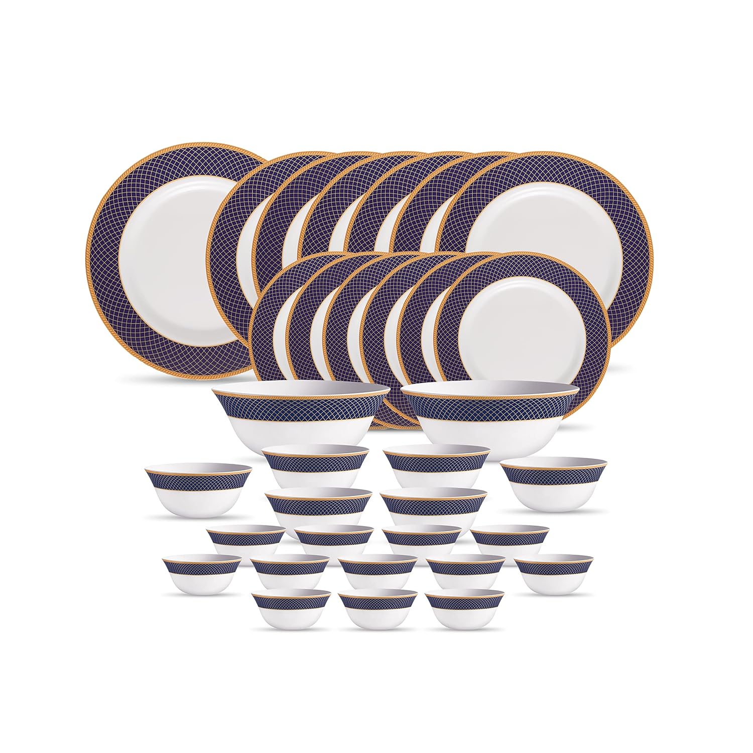 La Opala Diva Sovrana Collection Opal Glass Crockery | for Family of 6 | Dinner Set 33 pcs Regent Blue | Plates & Bowls for Dining | Microwave Safe | 100% Vegetarian | Extra Strong | Light & White