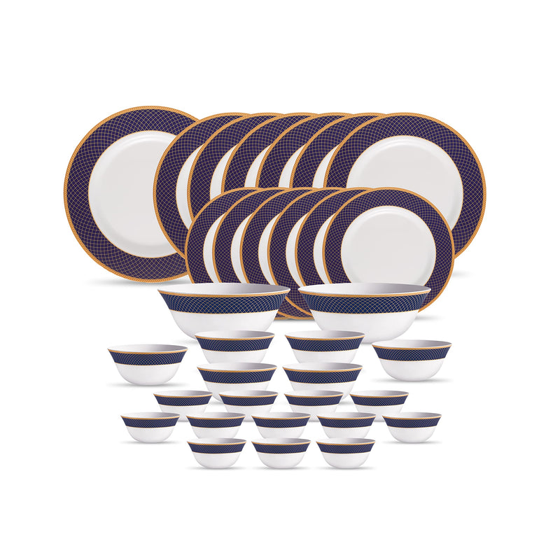 La Opala Diva Sovrana Collection Opal Glass Crockery | for Family of 6 | Dinner Set 33 pcs Regent Blue | Plates & Bowls for Dining | Microwave Safe | 100% Vegetarian | Extra Strong | Light & White