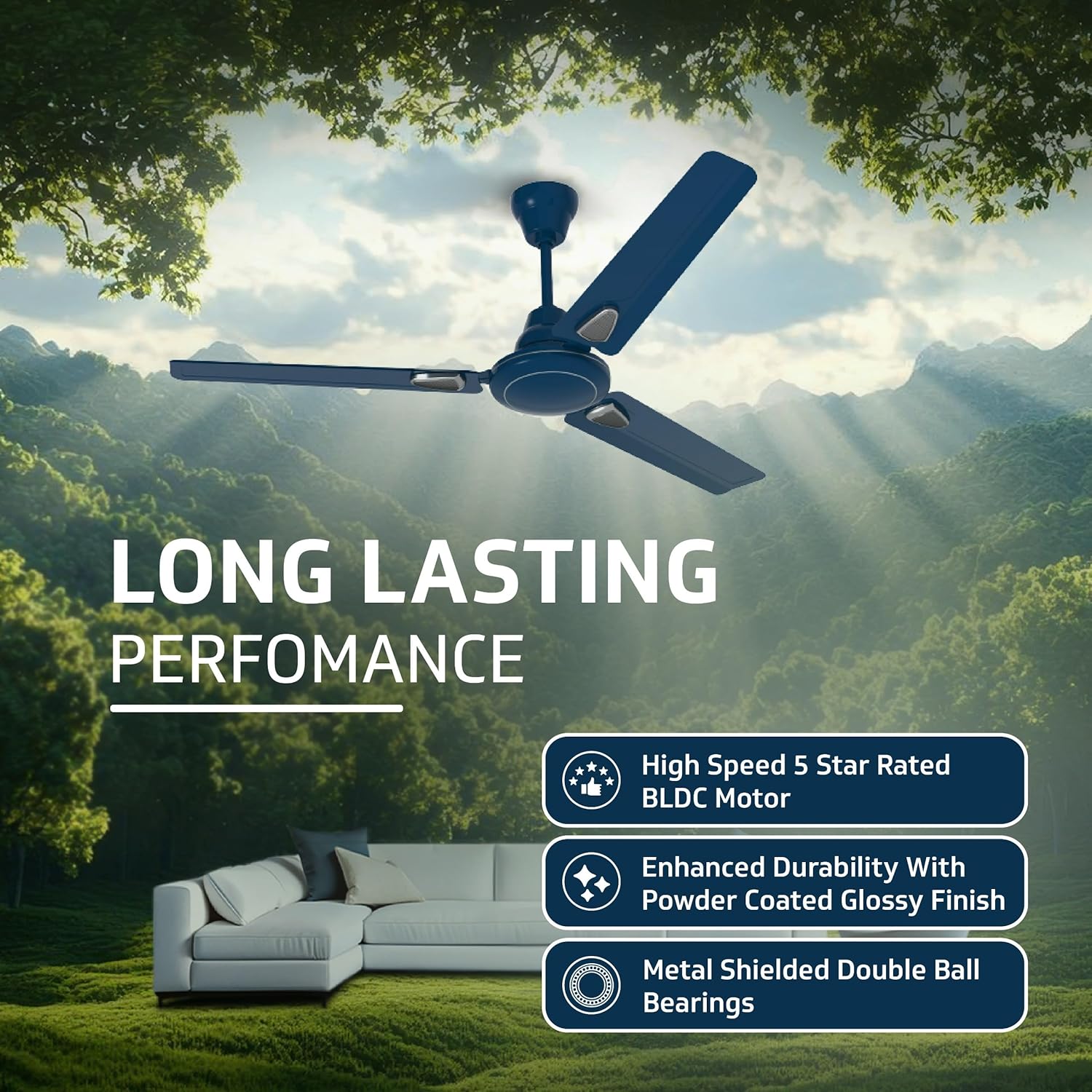 V-Guard Windle Deco BLDC Ceiling Fan for Home | BEE 5 Star Rating | Remote Control | 380 RPM | 1.2 meters | 2-Year Coverage | Admiral Blue