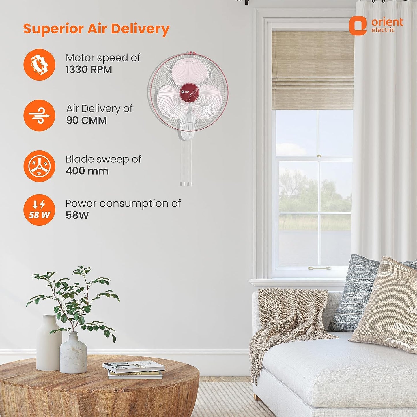 Orient Electric 400 MM Wall-44 Wall Fan | Wall Mount Fan for Home & Kitchen | Powerful Motor with High Air Delivery | Smooth Oscilation, 3-Speed Control | 2 Years Warranty by Orient | Red