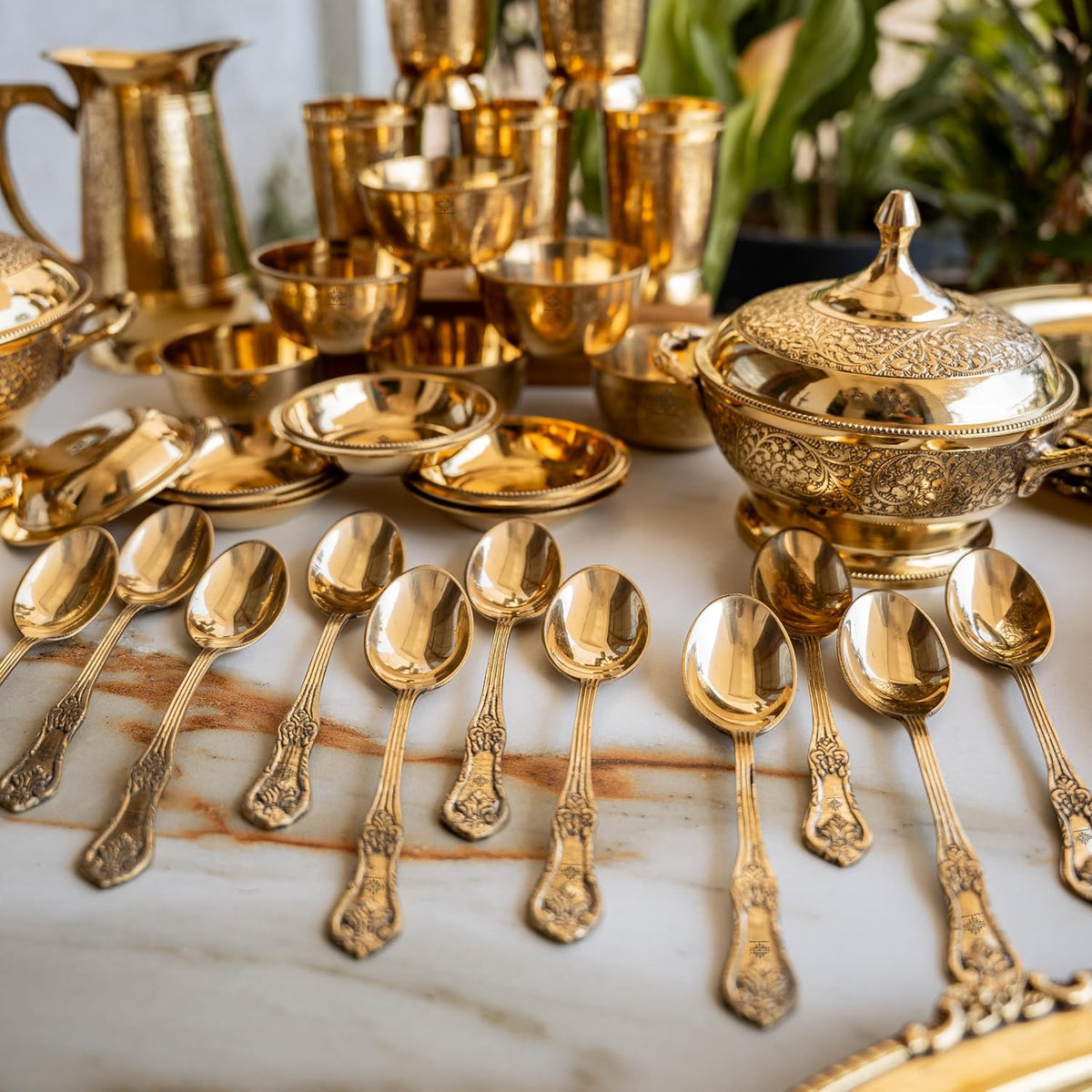 Brass Embossed Design Dinner Set Of 51 pieces