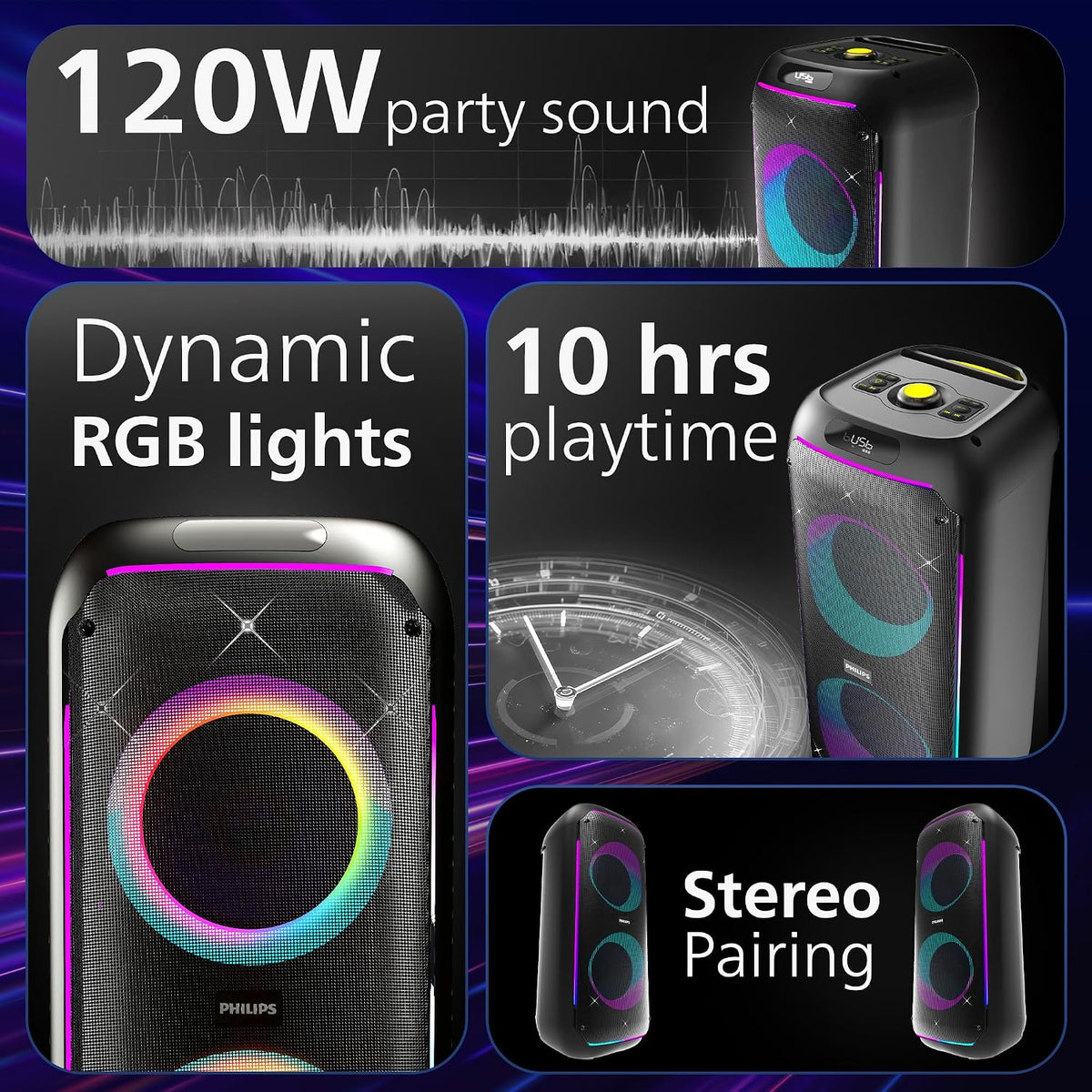 Philips TAX4910/94 120W Wireless Bluetooth Party Speaker with Remote, RGB Lights, 10H Playtime