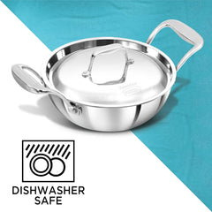 Hawkins Pro 1.5 Litre Deep-Fry Pan, Triply Stainless Steel Kadhai with Steel Handles and Steel Lid, Small Kadhai, Silver (PSK15S)