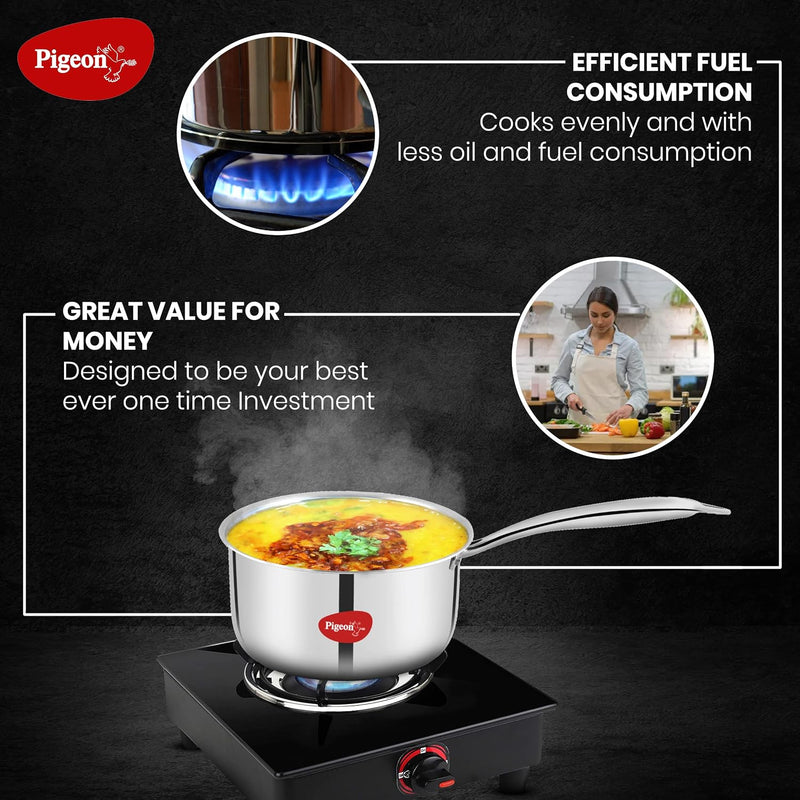 Pigeon Elite Stainless Steel Triply Sauce Pan / Tope, Gas Stove and Induction Compatible