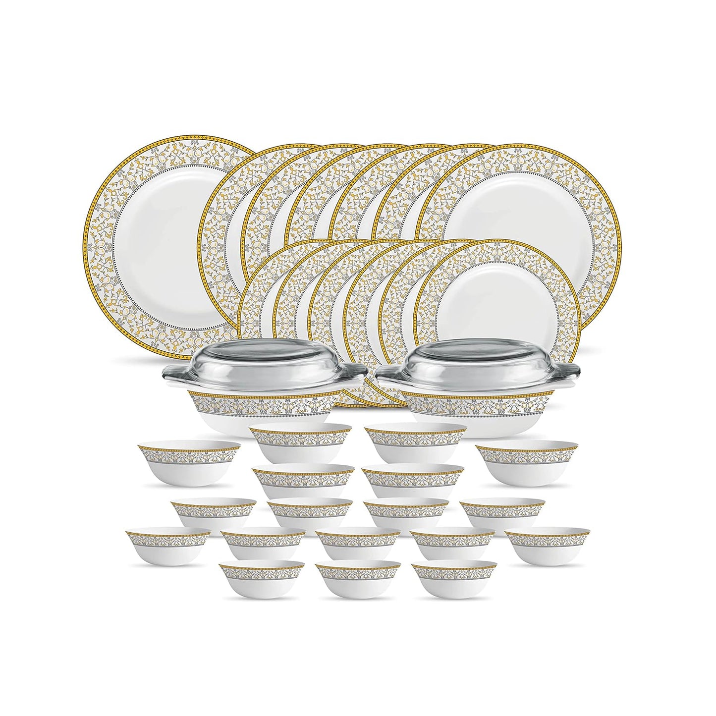 La Opala Diva Sovrana Collection Opal Glass Crockery | For Family of 6 | Dinner Set 35 pcs Moroccan Gold | Plates & Bowls for Dining | Microwave Safe | 100% Vegetarian | Extra Strong | Light & White
