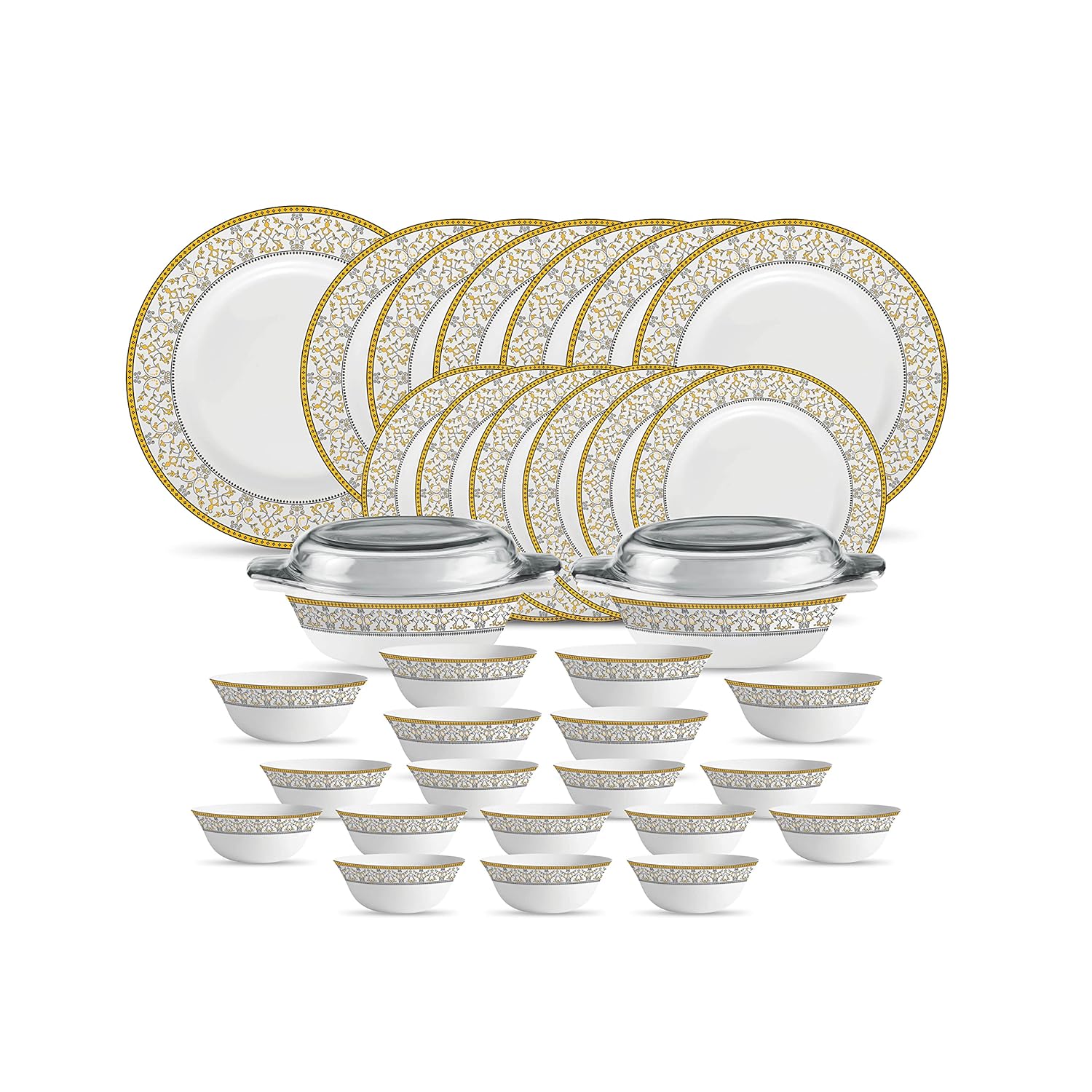 La Opala Diva Sovrana Collection Opal Glass Crockery | For Family of 6 | Dinner Set 35 pcs Moroccan Gold | Plates & Bowls for Dining | Microwave Safe | 100% Vegetarian | Extra Strong | Light & White