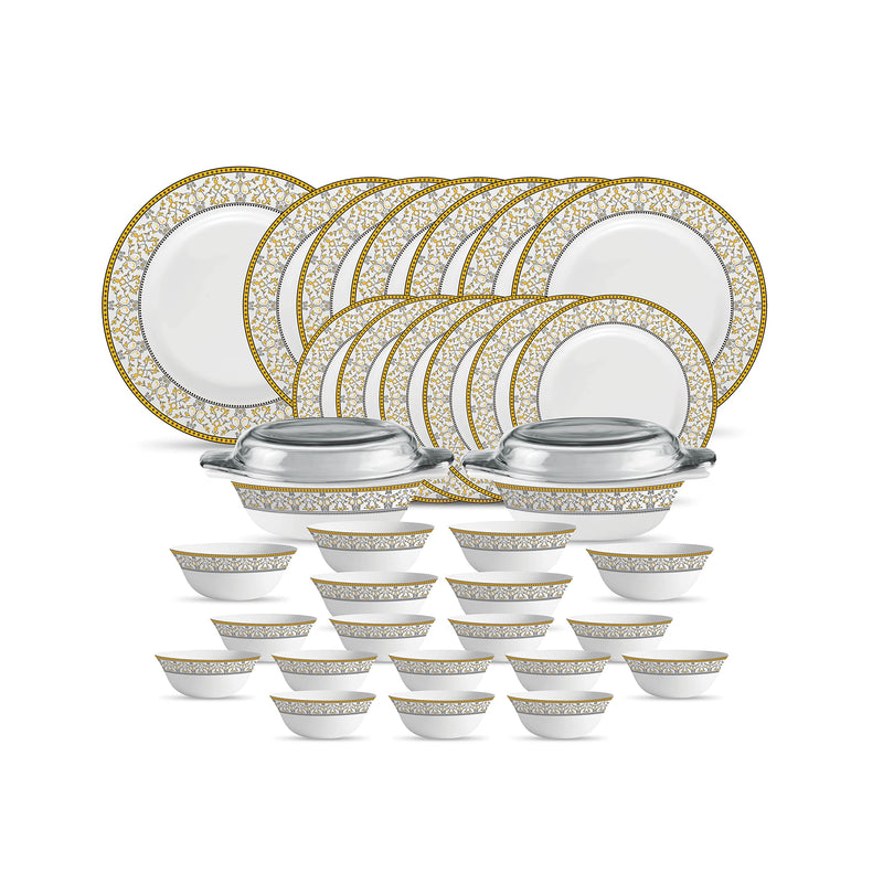 La Opala Diva Sovrana Collection Opal Glass Crockery | For Family of 6 | Dinner Set 35 pcs Anassa Blue | Plates & Bowls for Dining | Microwave Safe | 100% Vegetarian | Extra Strong | Light & White
