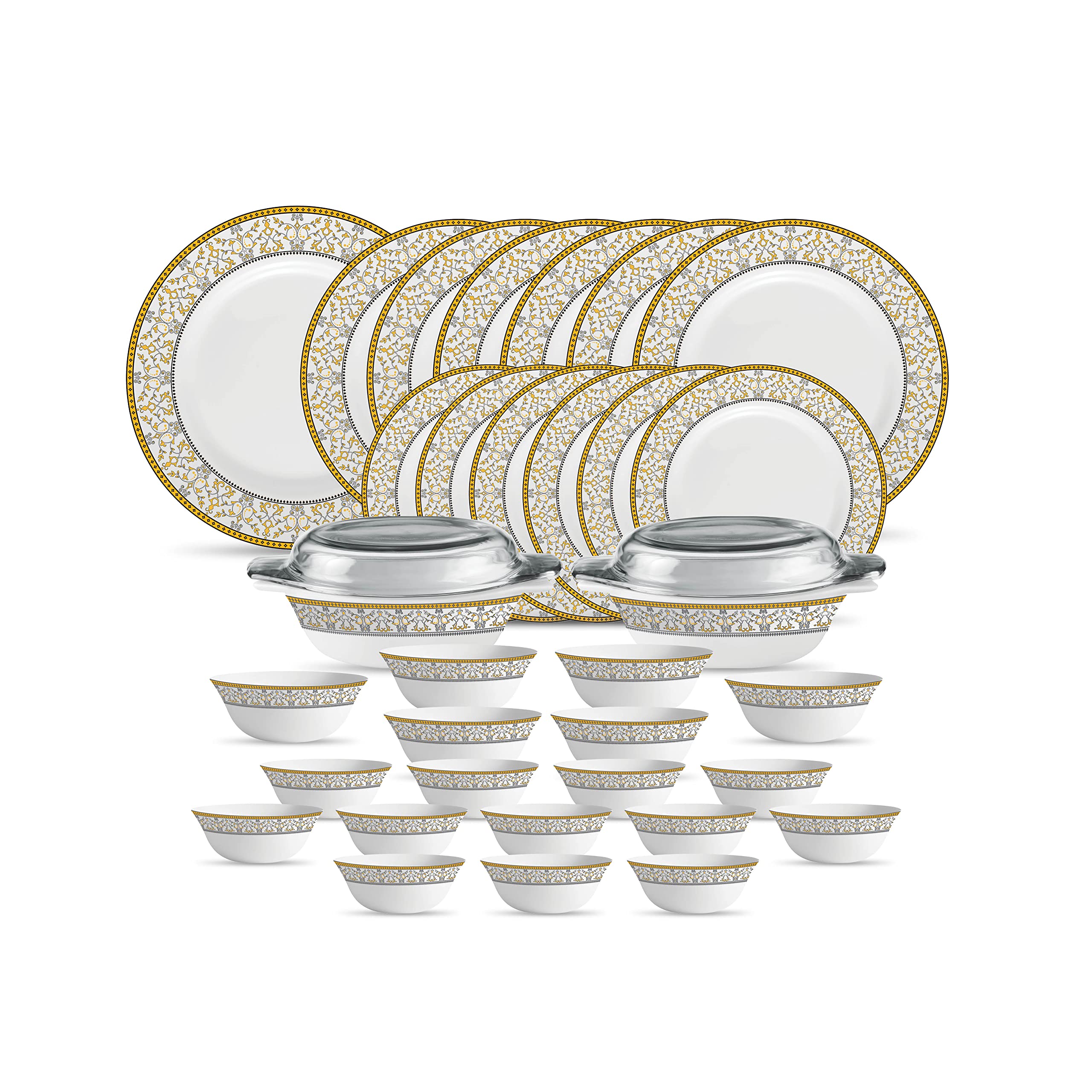 La Opala Diva Sovrana Collection Opal Glass Crockery | for Family of 6 | Dinner Set 35 pcs Persian Grey | Plates & Bowls for Dining | Microwave Safe | 100% Vegetarian | Extra Strong | Light & White