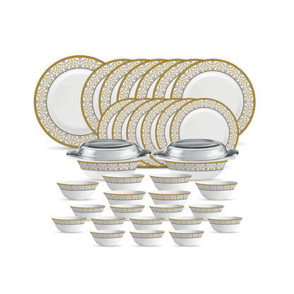 La Opala Diva Sovrana Collection Opal Glass Crockery | for Family of 6 | Dinner Set 35 pcs Regent Blue | Plates & Bowls for Dining | Microwave Safe | 100% Vegetarian | Extra Strong | Light & White