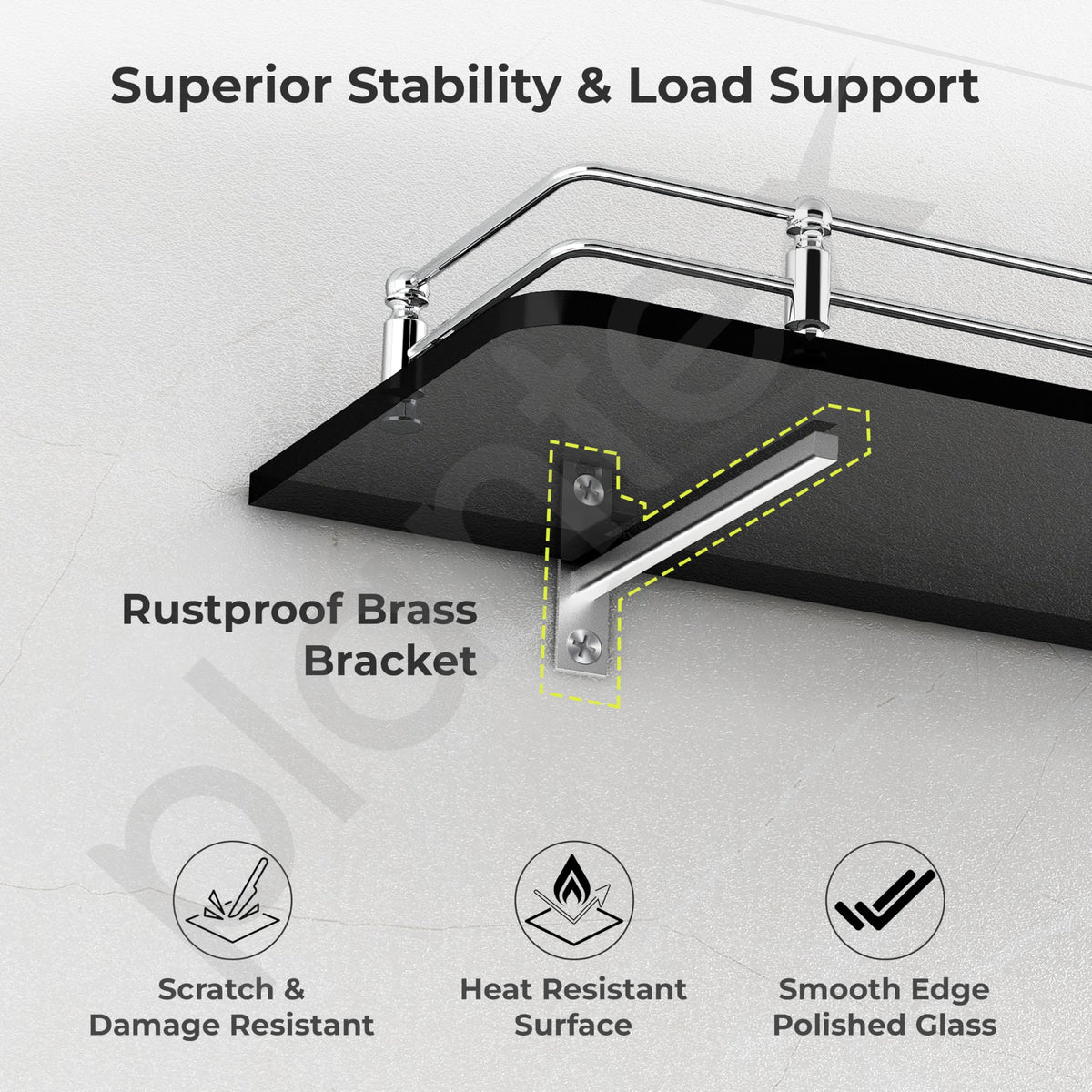 Plantex Premium Black Glass Shelf for Bathroom/Kitchen/Living Room - Bathroom Accessories (Polished, 18x6 Inches) - Pack of 1-4