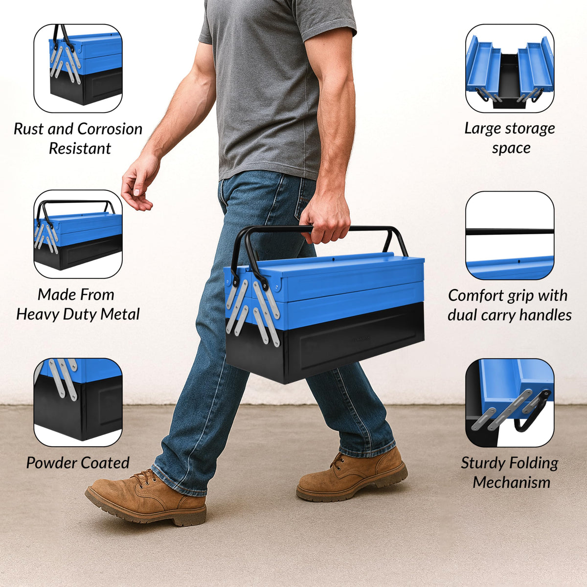 Plantex Metal Tool Box/Tools Box With Large Capacity/Empty Tool Box/Tool Organizer For Carpenter, Garage, And Home Essential Tools - 5 Compartments - (Blue & Black)-2