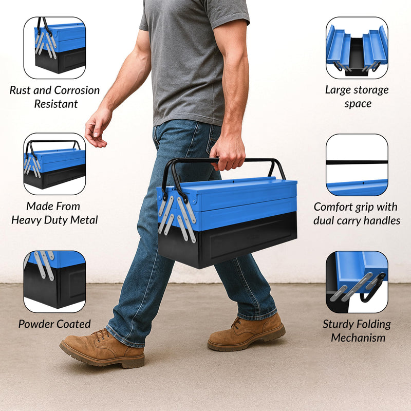 Plantex Metal Tool Box/Tools Box With Large Capacity/Empty Tool Box/Tool Organizer For Carpenter, Garage, And Home Essential Tools - 5 Compartments - (Blue & Black)-2