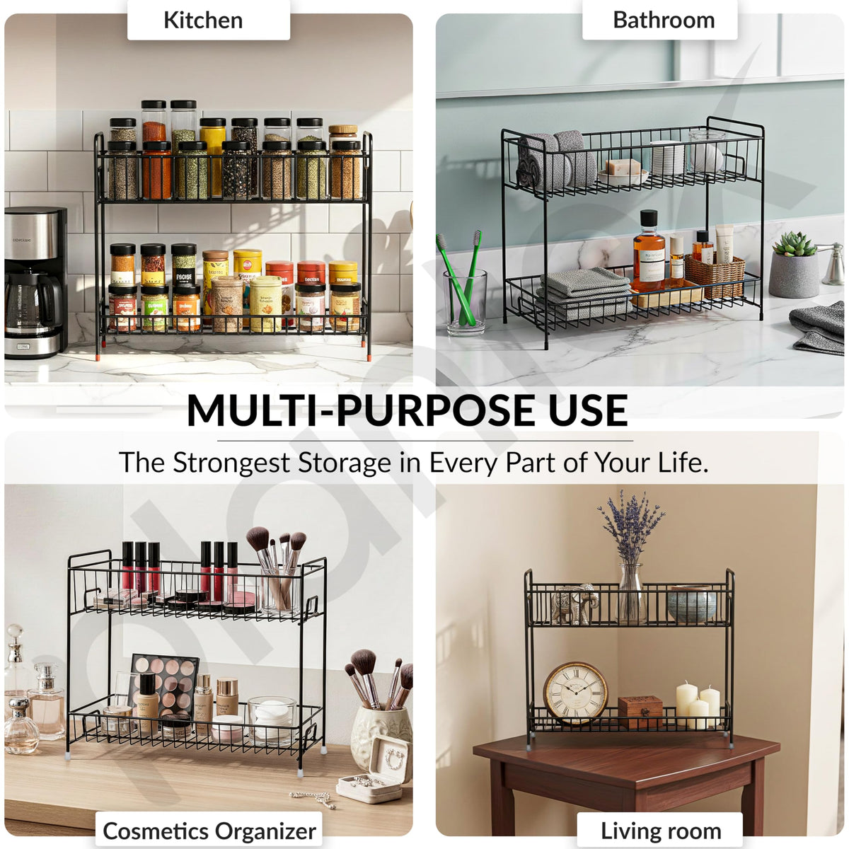 Plantex Kitchen Organizer Rack/Spice/Masala Rack Stand for Oil Bottles, Containers & Spices, Table Top/2 Tier Bathroom Storage Shelf Organizer-(Black, Metal)-4