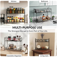 Plantex Kitchen Organizer Rack/Spice/Masala Rack Stand for Oil Bottles, Containers & Spices, Table Top/2 Tier Bathroom Storage Shelf Organizer-(Black, Metal)-4