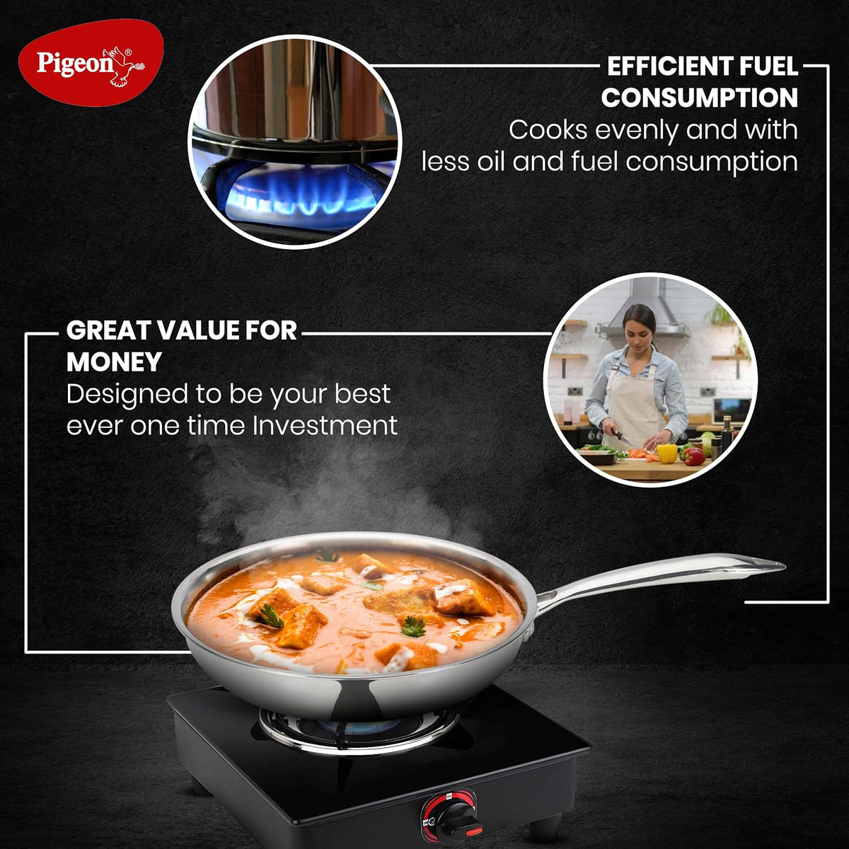 Pigeon Elite Stainless Steel Triply Fry Pan 22 cm, Gas Stove and Induction Compatible for Fast Cooking and Longer Heat R