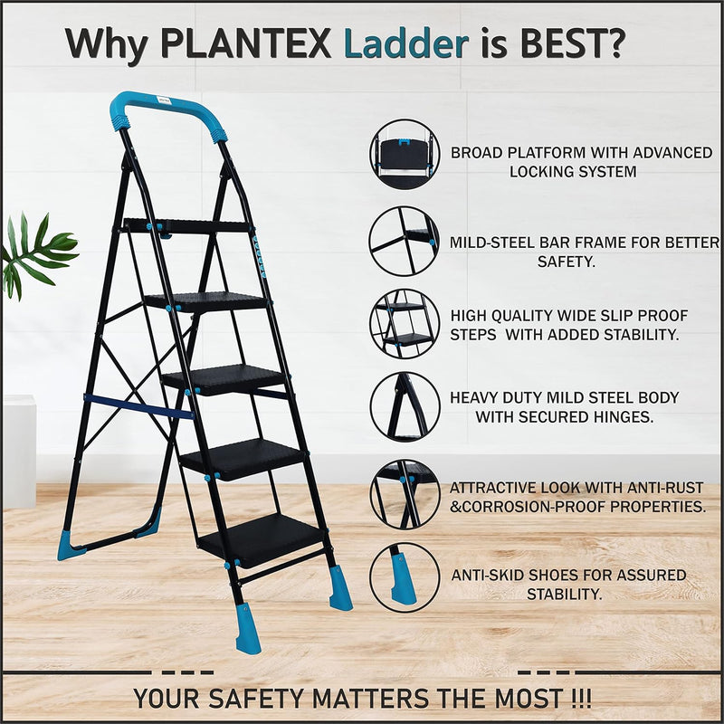 Plantex Heavy-Duty Mild Steel Stylo Folding Ladder with Wide Steps/5 Steps Ladder for Home with Advanced Locking System - 5 Wide Step Ladder(Black & Blue)