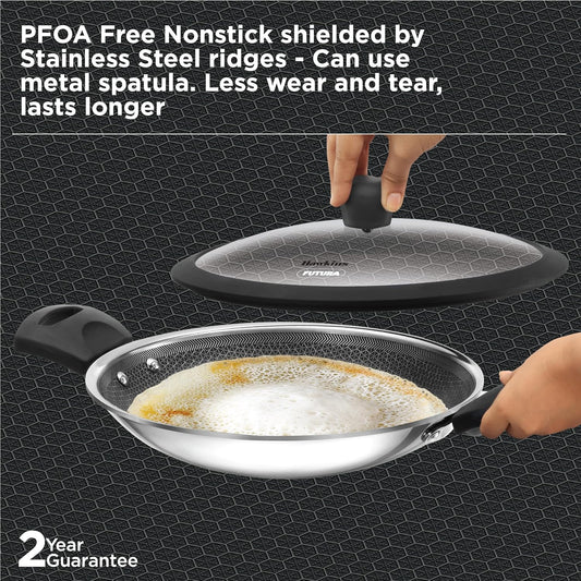 Hawkins 1.25L Breakfast Pan, Nonstick Triply Stainless Steel Appachatty with Glass Lid, Chetty Pan, Appam Patra, Honeycomb Round Bottom Small Kadai, Siler (NSA125G)