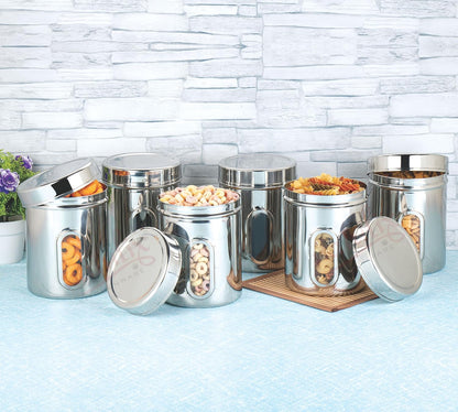 NATULIX 1 Kg Stainless Steel Containers for kitchen with See Through Window | Kitchen Containers Set | Silver | Mirror Finish (1250ml - 6pcs) Food Grains Capacity - 1kg Approx