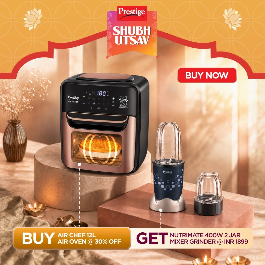 Prestige AirChef 12L Air Fryer Oven, 1800W, 360° Rapid Air, Rotisserie, 10 Preset Menu, Rose Gold + Prestige Nutri-Mate 400W Mixer Grinder, 2 Jars & 3 Lids, Dual Safety Interlock, 1Y Warranty