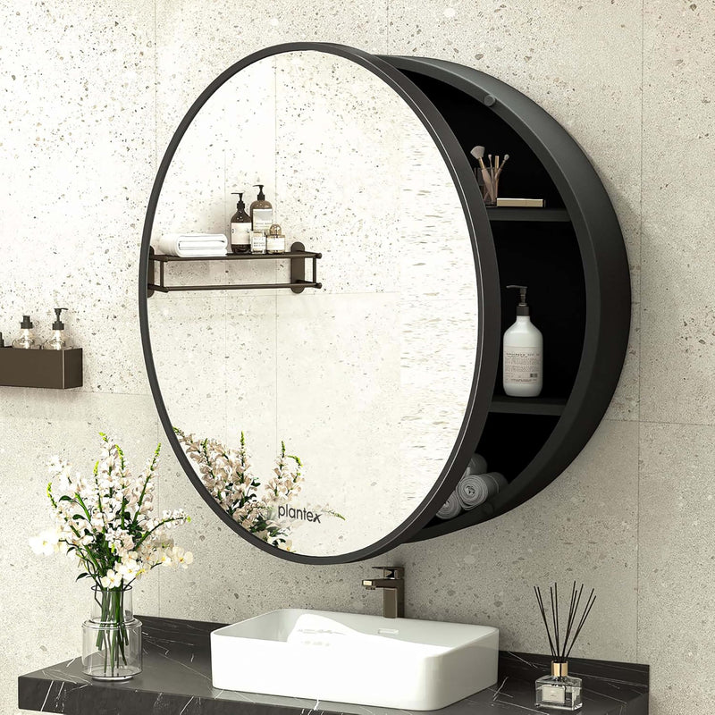 Plantex Bathroom Cabinet with Mirror/Aluminium Framed Bathroom Cabinet Storage/Round Mirror Cabinet for Bathroom Wall/Bathroom Organiser Cabinet (20x20 Inch, Black)-1
