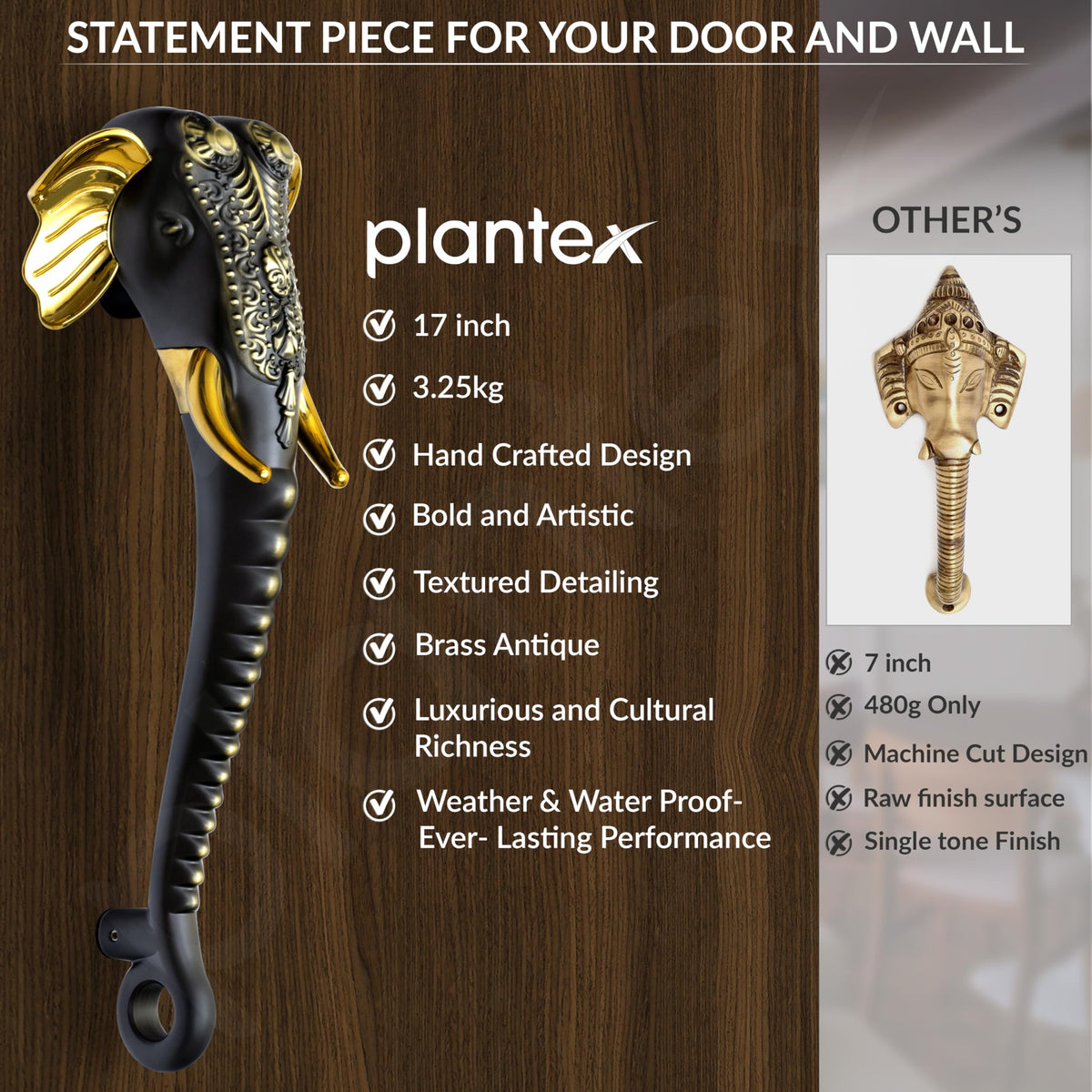 Plantex Premium Main Door Handle/17- inches Door Handle for Main Door/Pull Push Handle/Door and Home Decore Ganesh Shape Design/3 Years Warranty Pack of 1 (677- Brass Antique Finish)-5