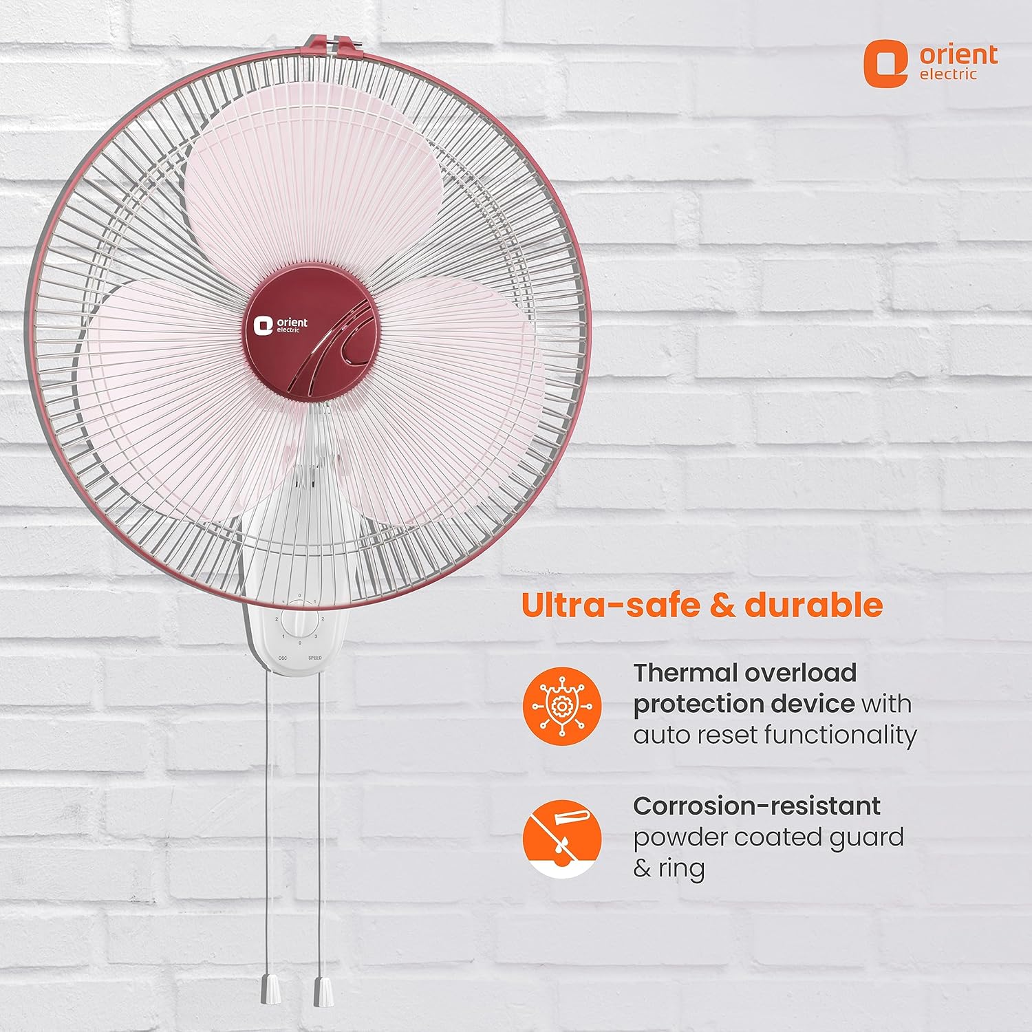 Orient Electric 400 MM Wall-44 Wall Fan | Wall Mount Fan for Home & Kitchen | Powerful Motor with High Air Delivery | Smooth Oscilation, 3-Speed Control | 2 Years Warranty by Orient | Red