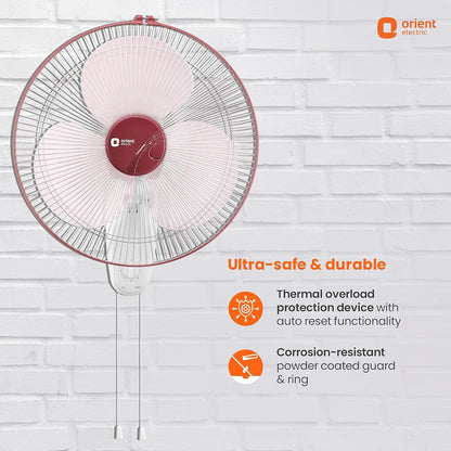 Orient Electric 400 MM Wall-44 Wall Fan | Wall Mount Fan for Home & Kitchen | Powerful Motor with High Air Delivery | Smooth Oscilation, 3-Speed Control | 2 Years Warranty by Orient | Red