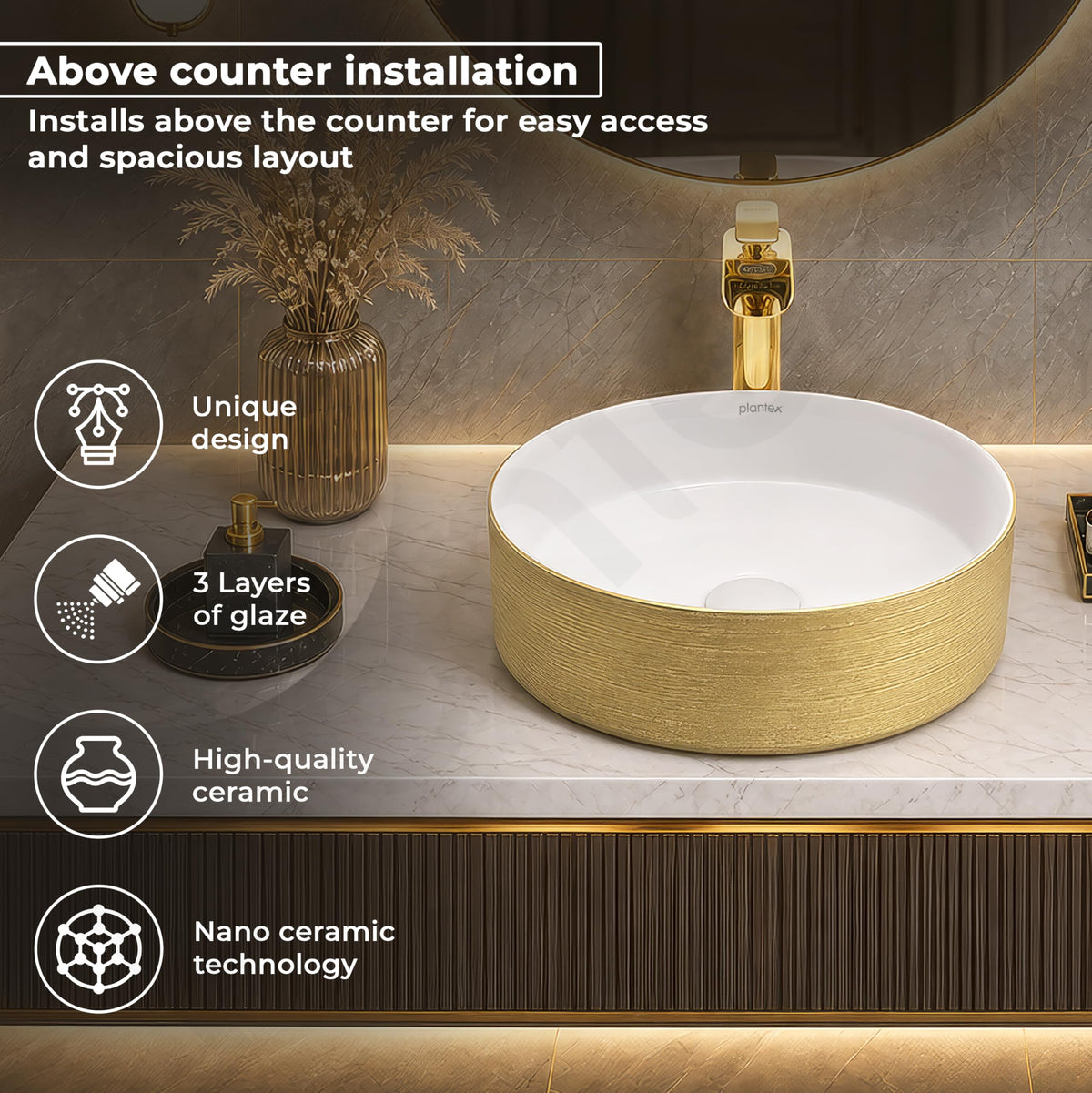 Plantex Ceramic Table Top Wash Basin/Small Washbasin for Bathroom/Countertop Vessel Sink Basin(Gold&White -14 x14x5 Inch)-2