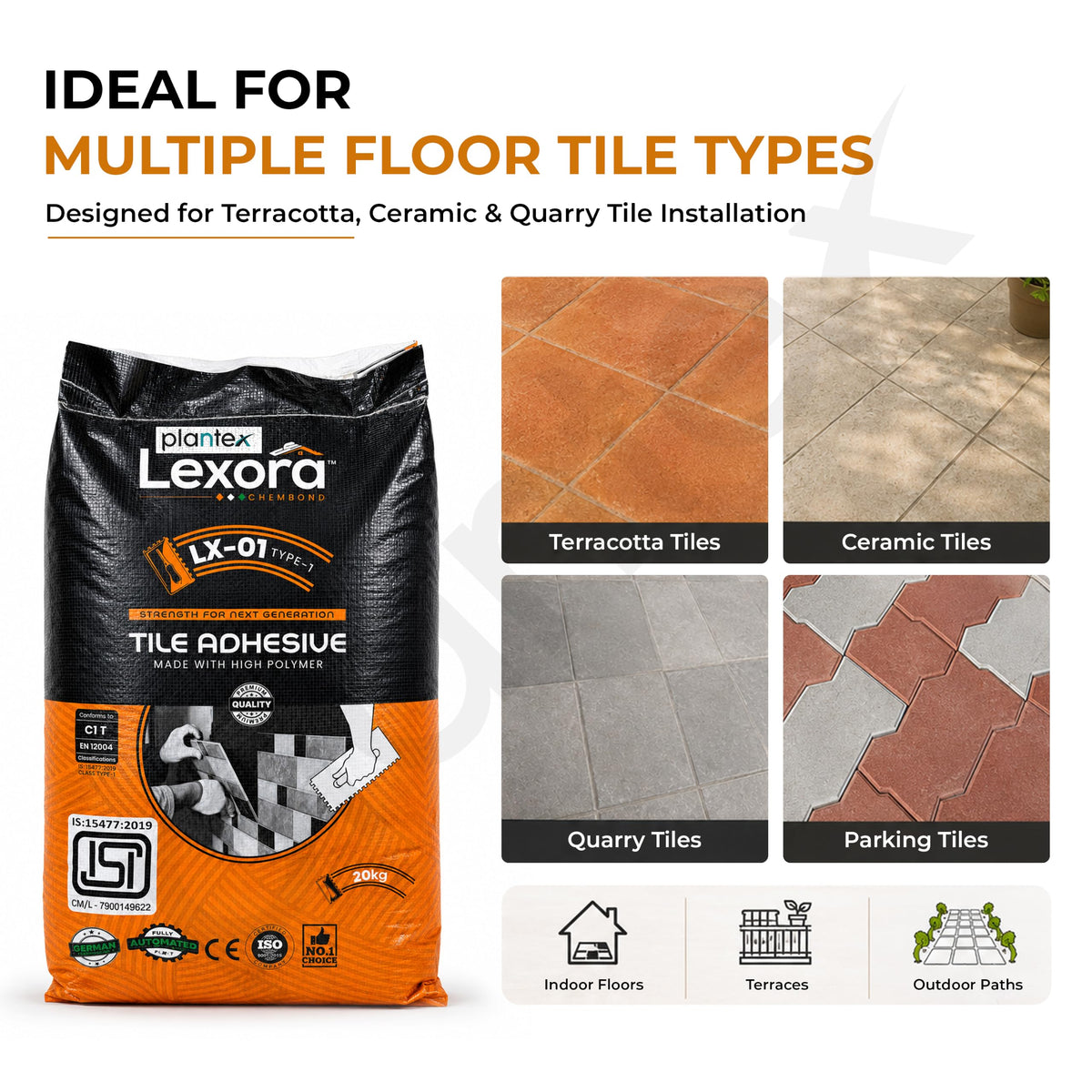 Plantex Lexora Tile Adhesive for Terracotta/Ceramic & Quarry Tiles/Polymer Modified Cement Adhesive for Floor & Wall Tiles Fixing/ Kitchen & Bathroom‚ Use - 20kg (LX-01, Grey)-2