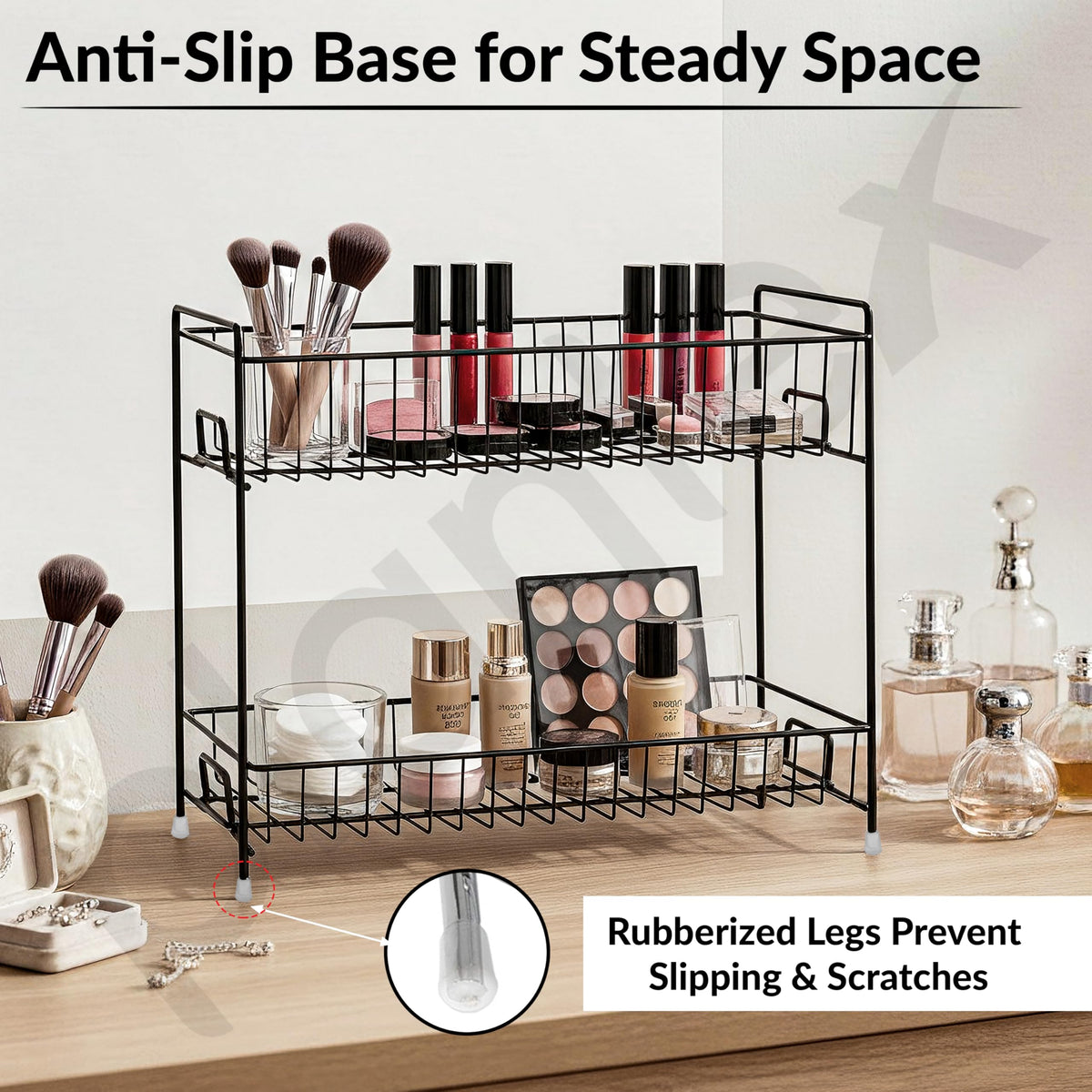 Plantex Kitchen Organizer Rack/Spice/Masala Rack Stand for Oil Bottles, Containers & Spices, Table Top/2 Tier Bathroom Storage Shelf Organizer-(Black, Metal)-2