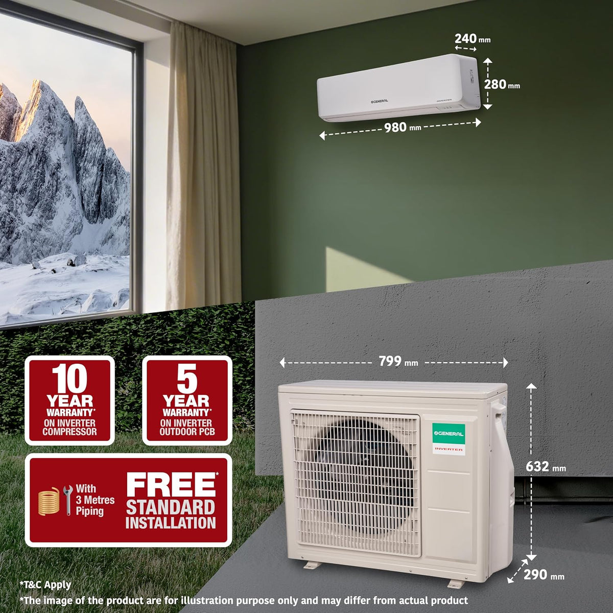 O General GENERAL 1.5Ton BEE 2026 4 Star Rated,Hot & Cold Inverter Split AC(ASGG18KJTA-B,White,Copper,5280W,15m Long Reach Airflow,4 Way Swing,-15°C~55°C)-6