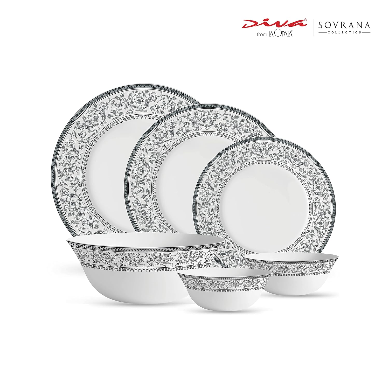 La Opala Diva, Sovrana Collection, Opal Glass Dinner Set 27 pcs, Persian Grey, White