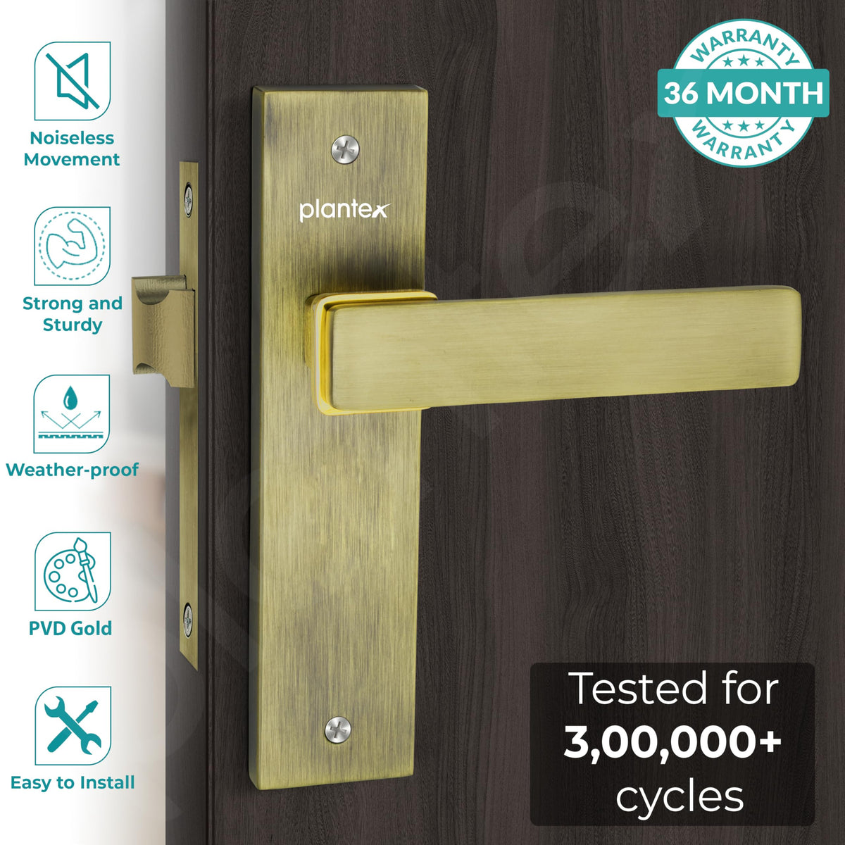Plantex Heavy Duty Door Lock “ Bathroom Door Lock/Mortise 8inch Keyless Plate Handle Set for Home/Bathroom/Store Room/Balcony/Office with Baby Latch (8116, Brass Antique & Gold)-2