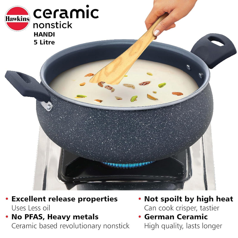 Hawkins Ceramic Nonstick Handi, 5 Litre, Induction Biryani Pot, Granite Casserole (ICH50G)