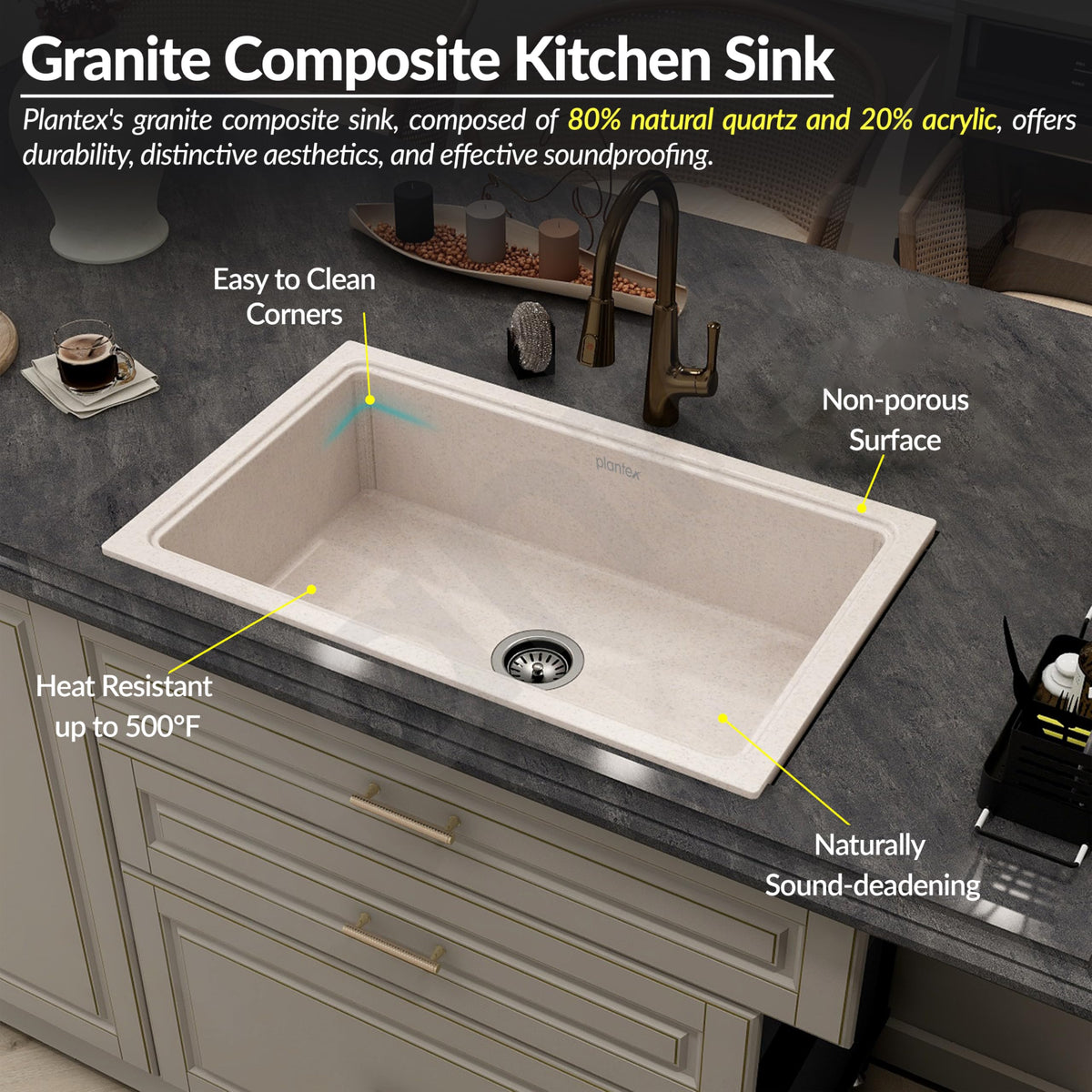 Plantex Quartz Acrylic Matt Kitchen Sink With 10 Years Warranty /Undermount Sink For Kitchen/Granite Single Bowl Kitchen Sinks With Coupling (Ultra Brun 32X20 Inches)-6