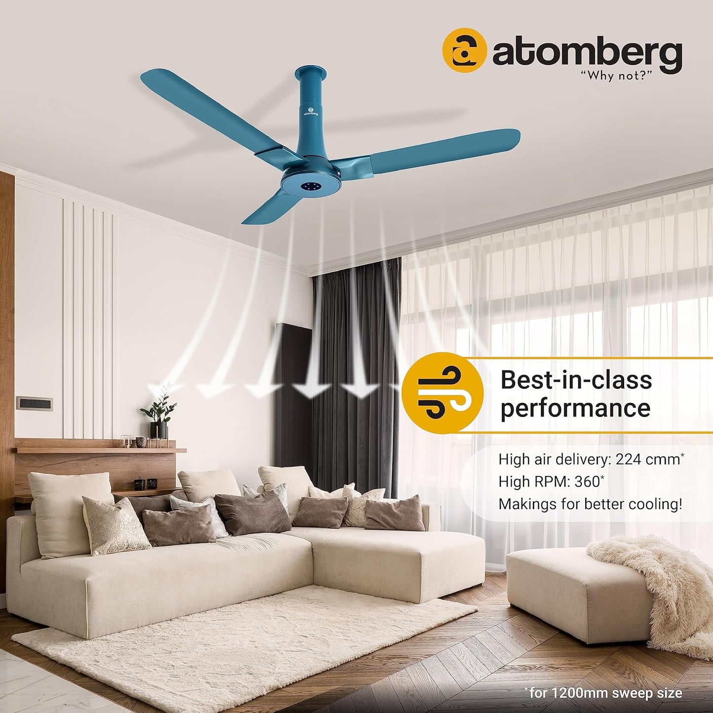 atomberg Studio+ 1200mm BLDC Ceiling Fan with Remote Control | BEE 5 star Rated Energy Efficient Ceiling Fan | High Air Delivery with LED Indicators | 2+1 Year Warranty (Aegean Blue)